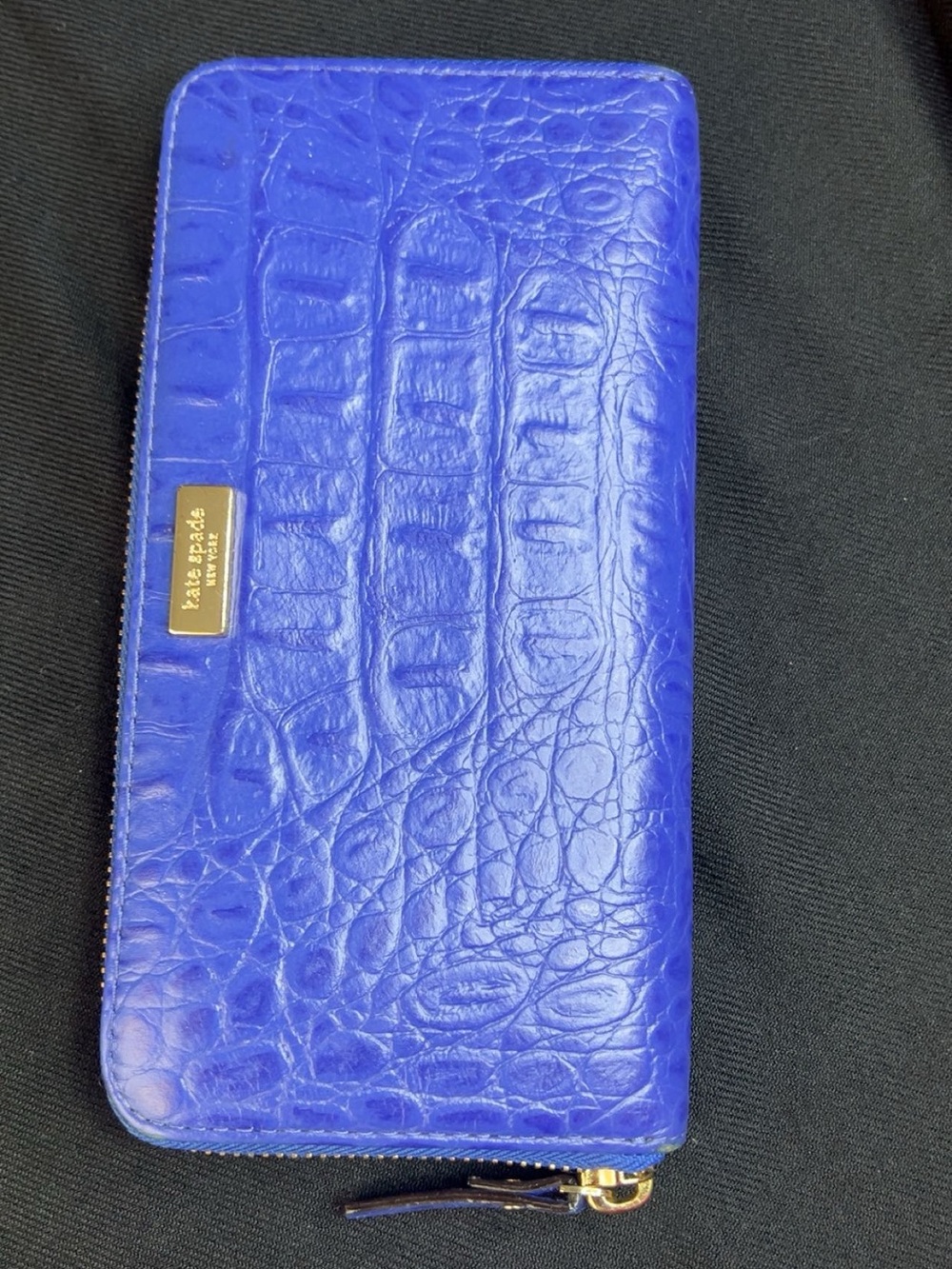 kate spade cobalt croc-embossed zip-around wallet